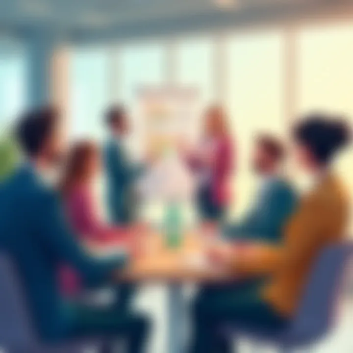 A group discussing strategies with visual aids in a conference room.